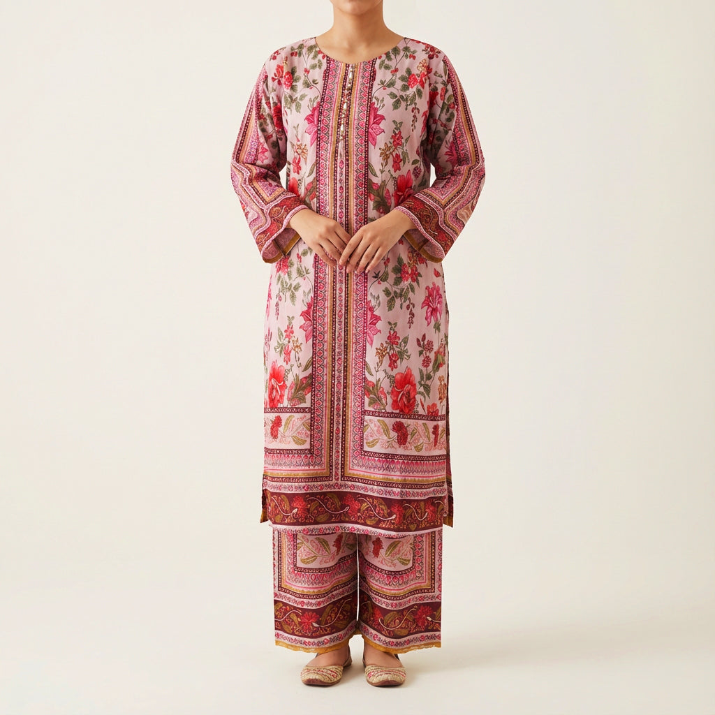 Pink Printed Soft Silk Co-Ord Set