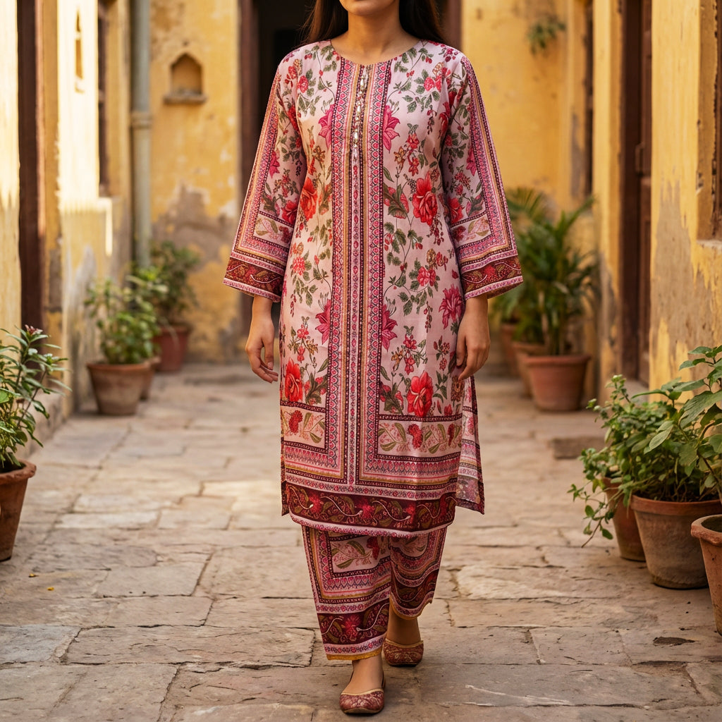 Pink Printed Soft Silk Co-Ord Set