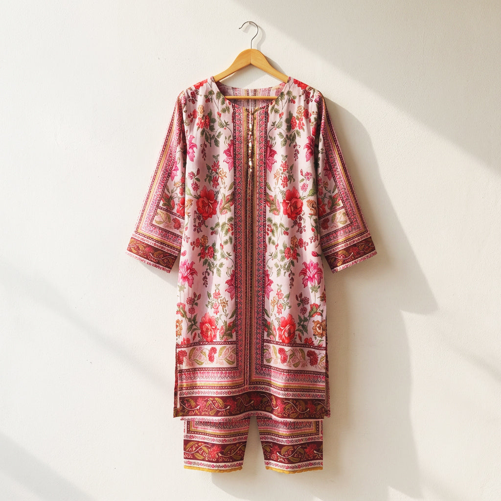 Pink Printed Soft Silk Co-Ord Set