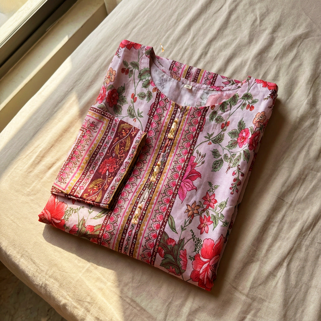 Pink Printed Soft Silk Co-Ord Set