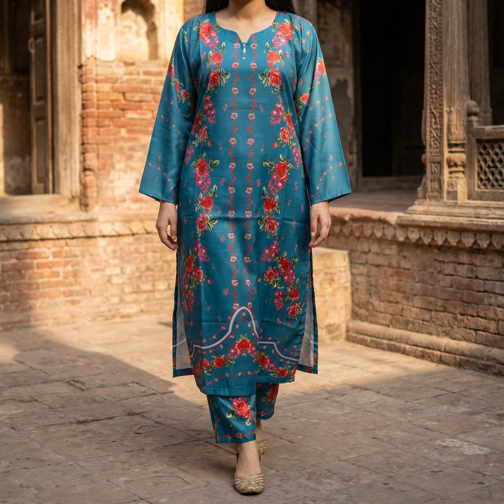 Light-Blue Printed Silk Co-Ord Set