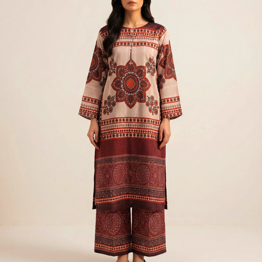Brown Printed Silk Co-Ord Set