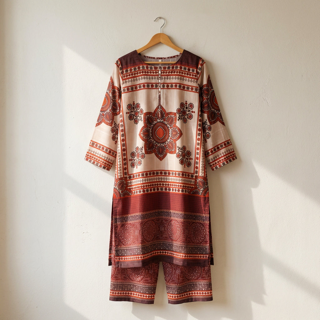 Brown Printed Silk Co-Ord Set