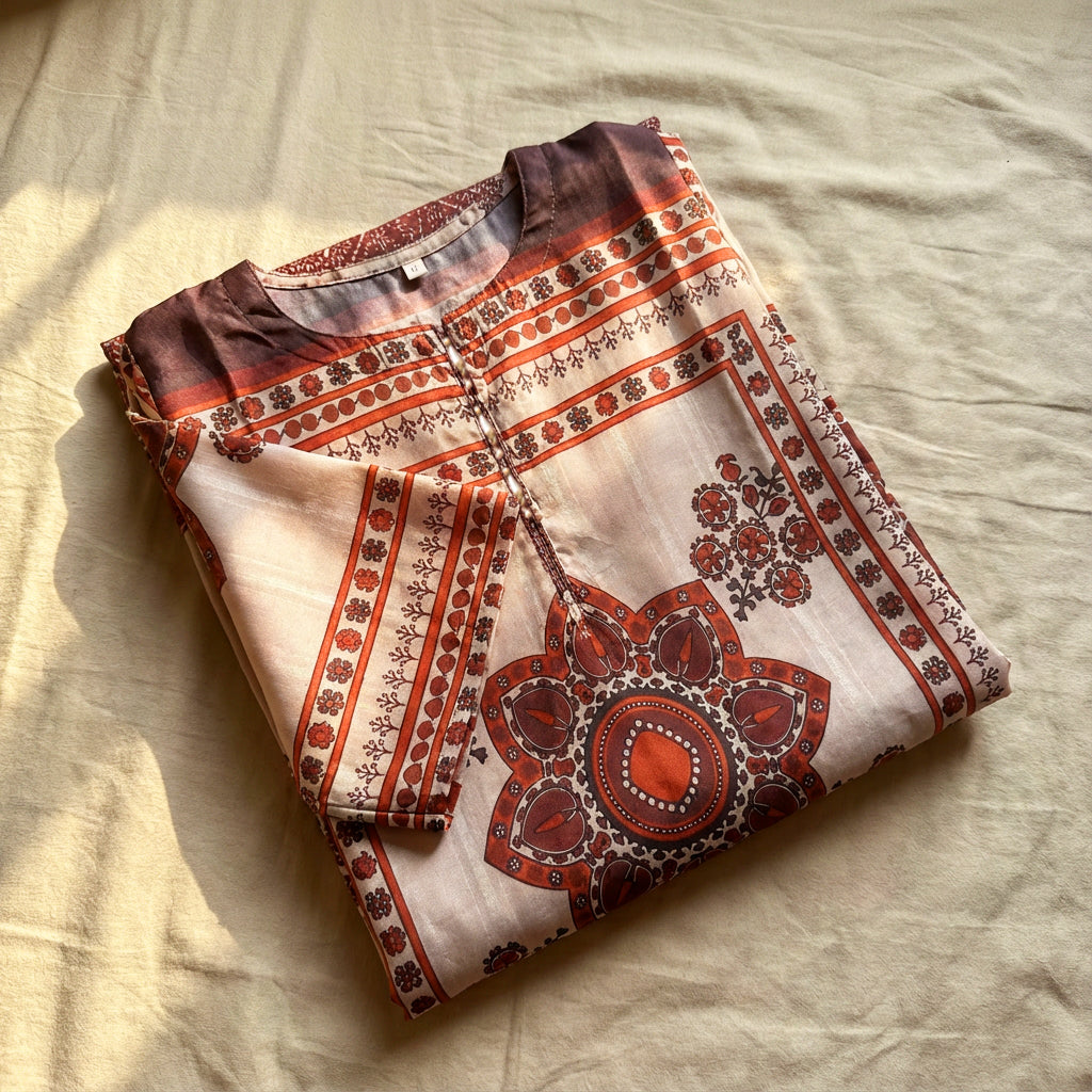 Brown Printed Silk Co-Ord Set